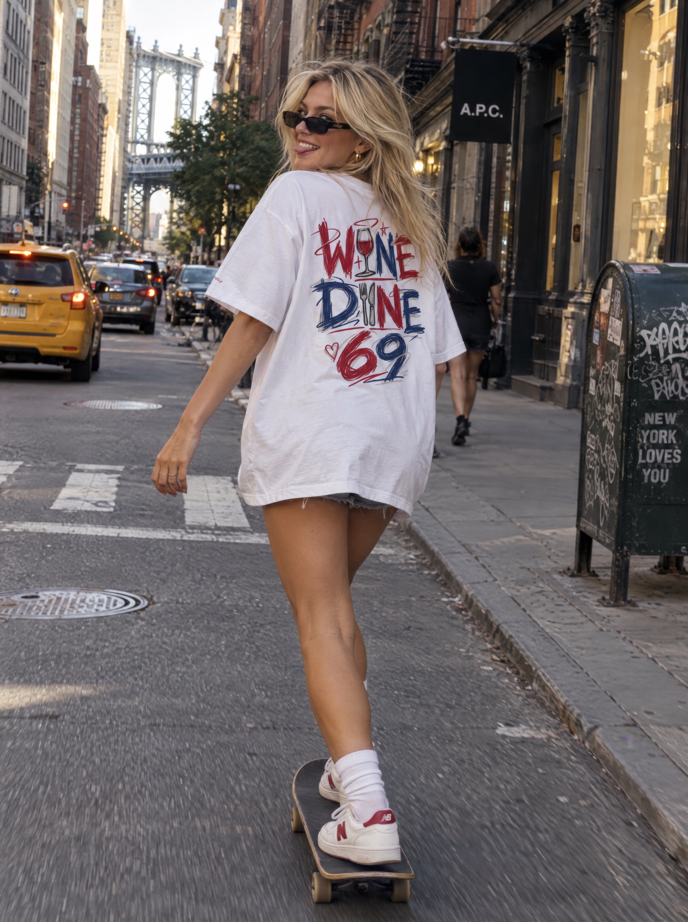 Woman wearing a PHRASIS oversized tee on a city street