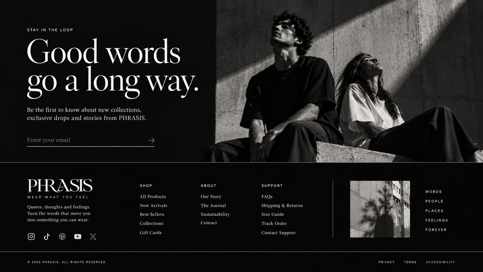 Two people wearing PHRASIS in a monochrome editorial